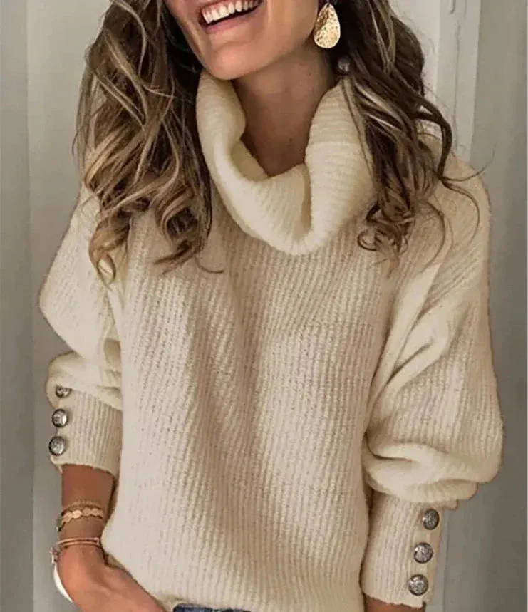 Ladies sweater with buttons on the sleeves Casual oversized knitted turtleneck