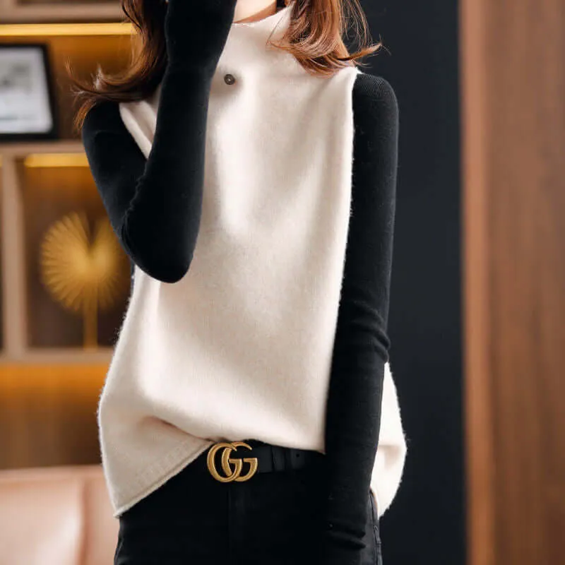 Ladies Vintage Turtleneck Waistcoat - Solid loose sleeveless knitted waistcoat