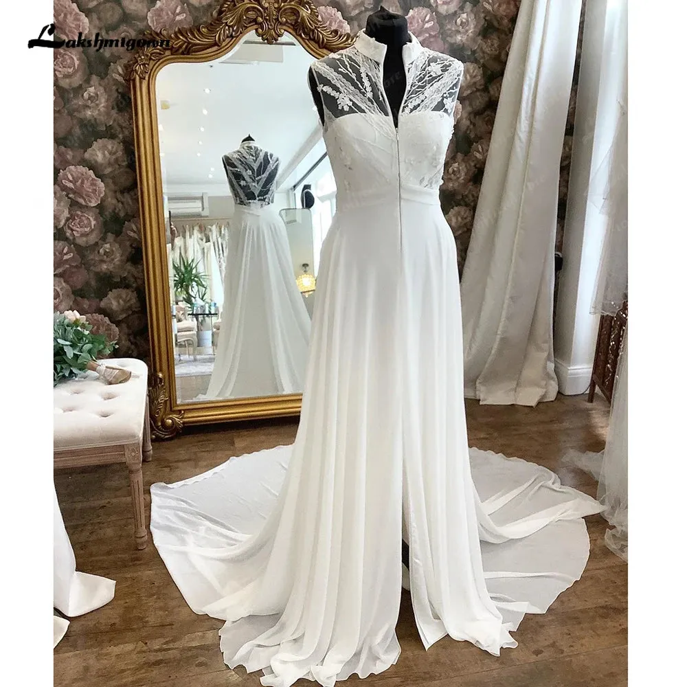 Lakshmigown Lace Bodice Chiffon A Line Wedding Dress 2024 High Neckline Bridal Gown robe de soirée de mariage