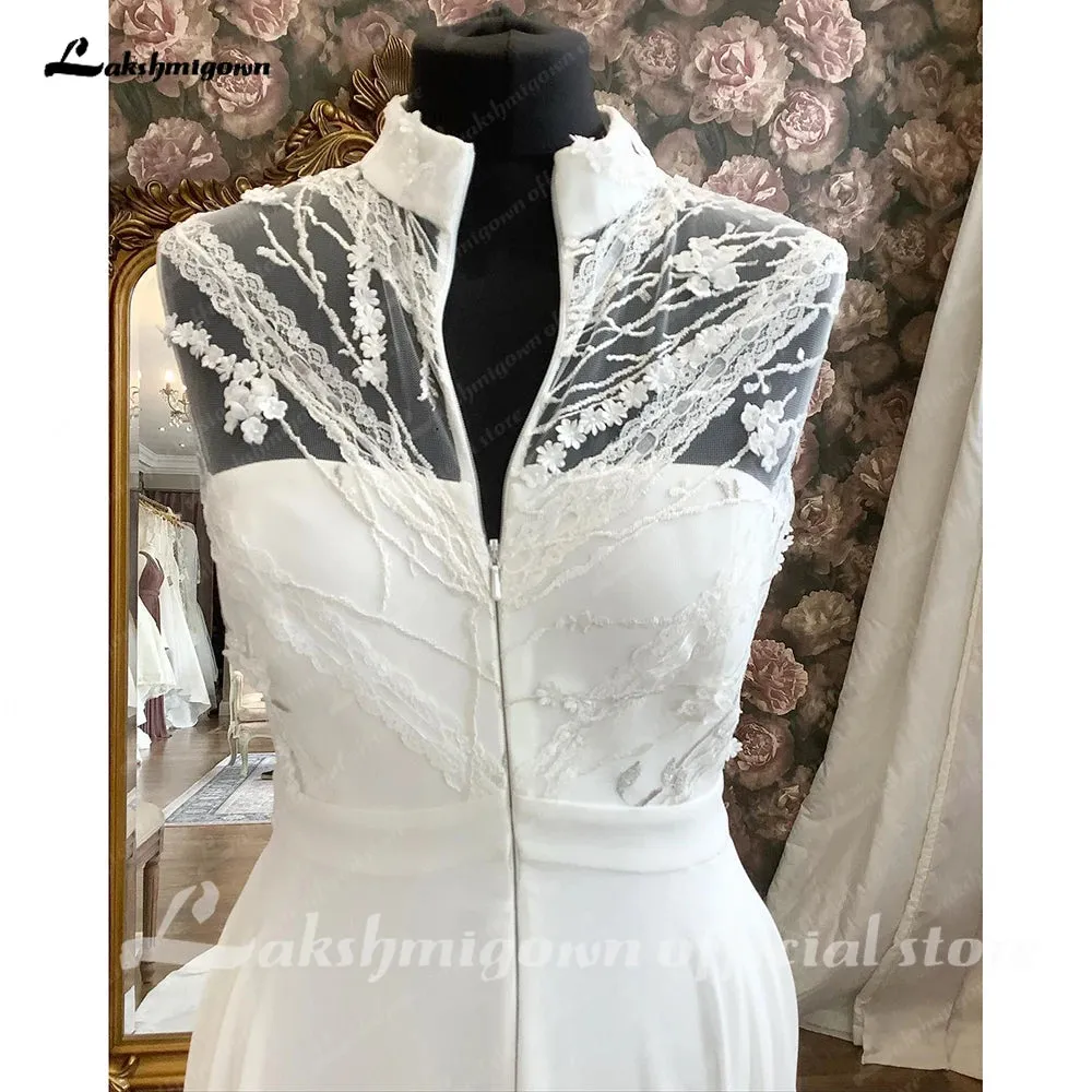 Lakshmigown Lace Bodice Chiffon A Line Wedding Dress 2024 High Neckline Bridal Gown robe de soirée de mariage