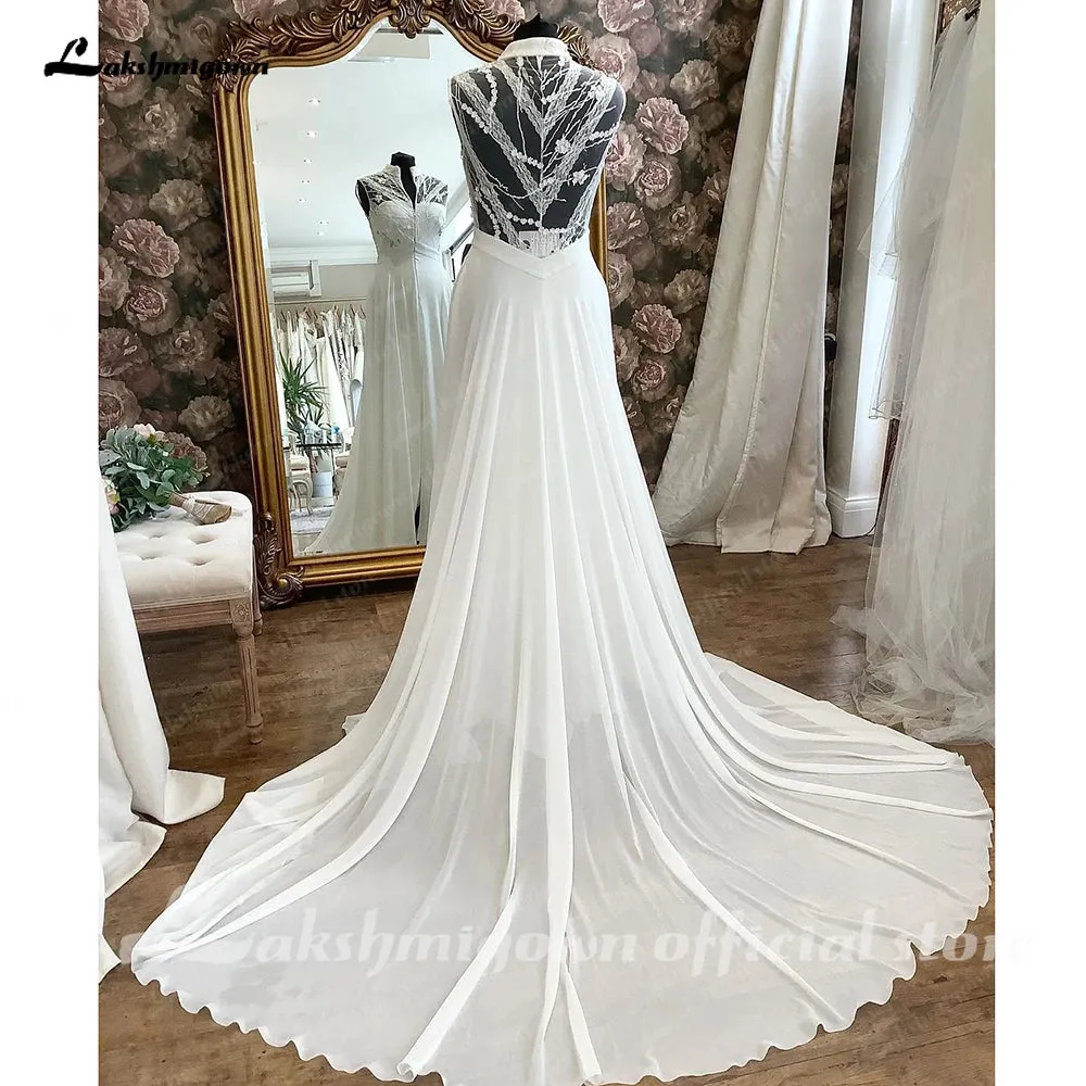 Lakshmigown Lace Bodice Chiffon A Line Wedding Dress 2024 High Neckline Bridal Gown robe de soirée de mariage