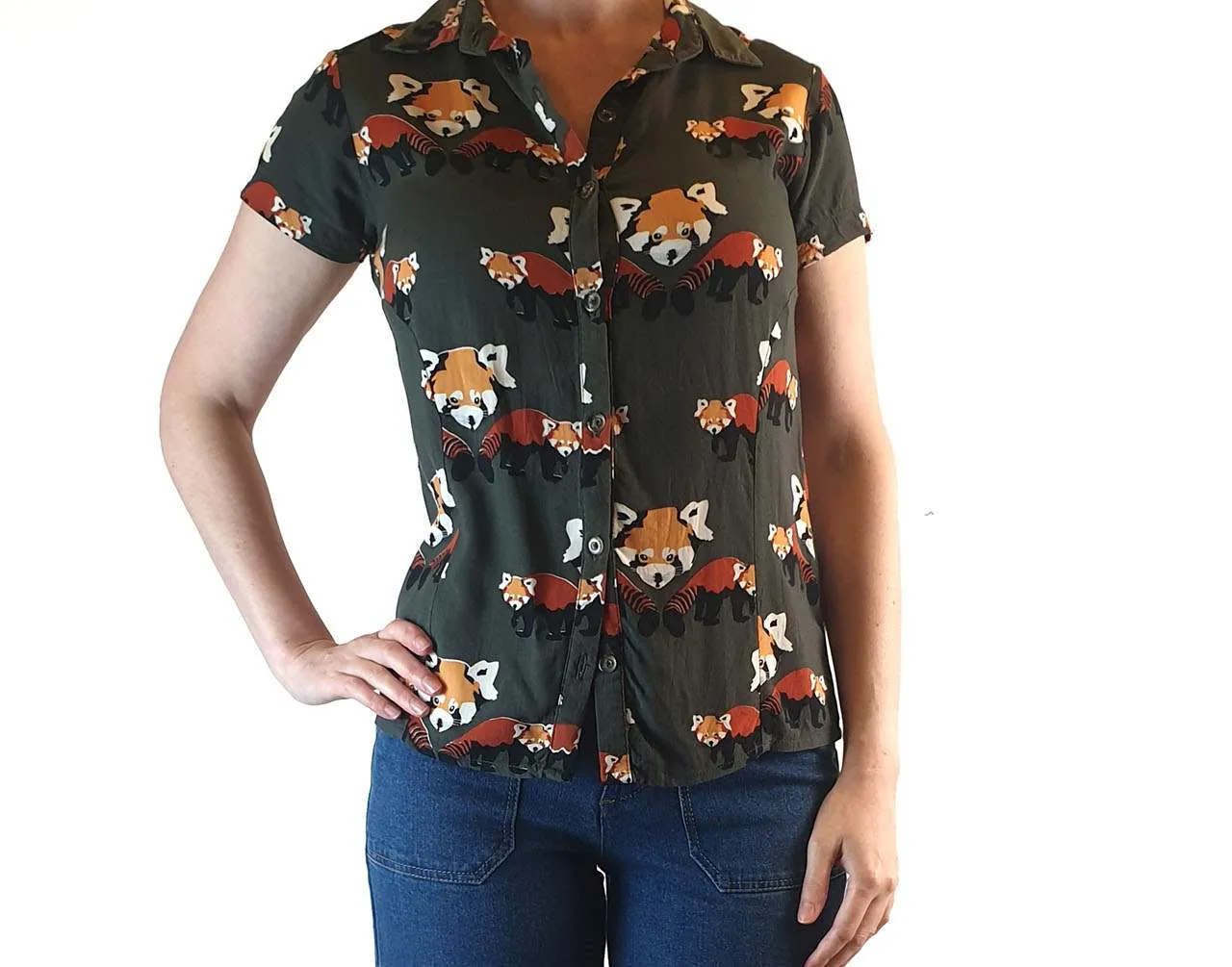 Leonard St olive green short sleeve shirt with fox print size 6