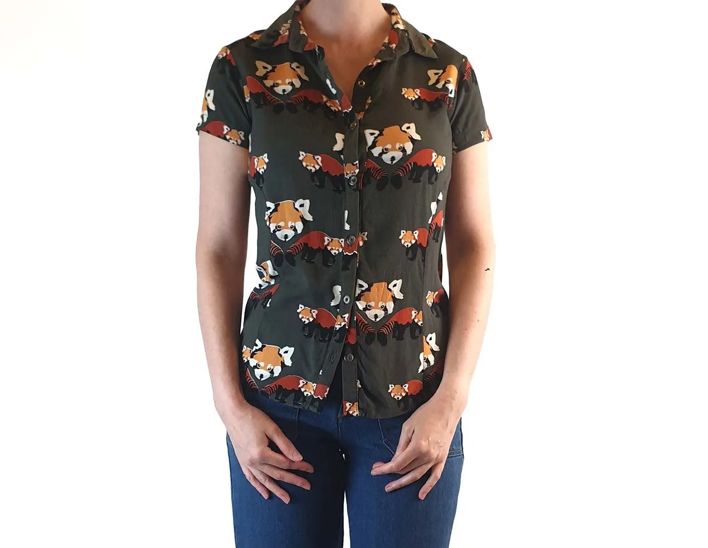 Leonard St olive green short sleeve shirt with fox print size 6