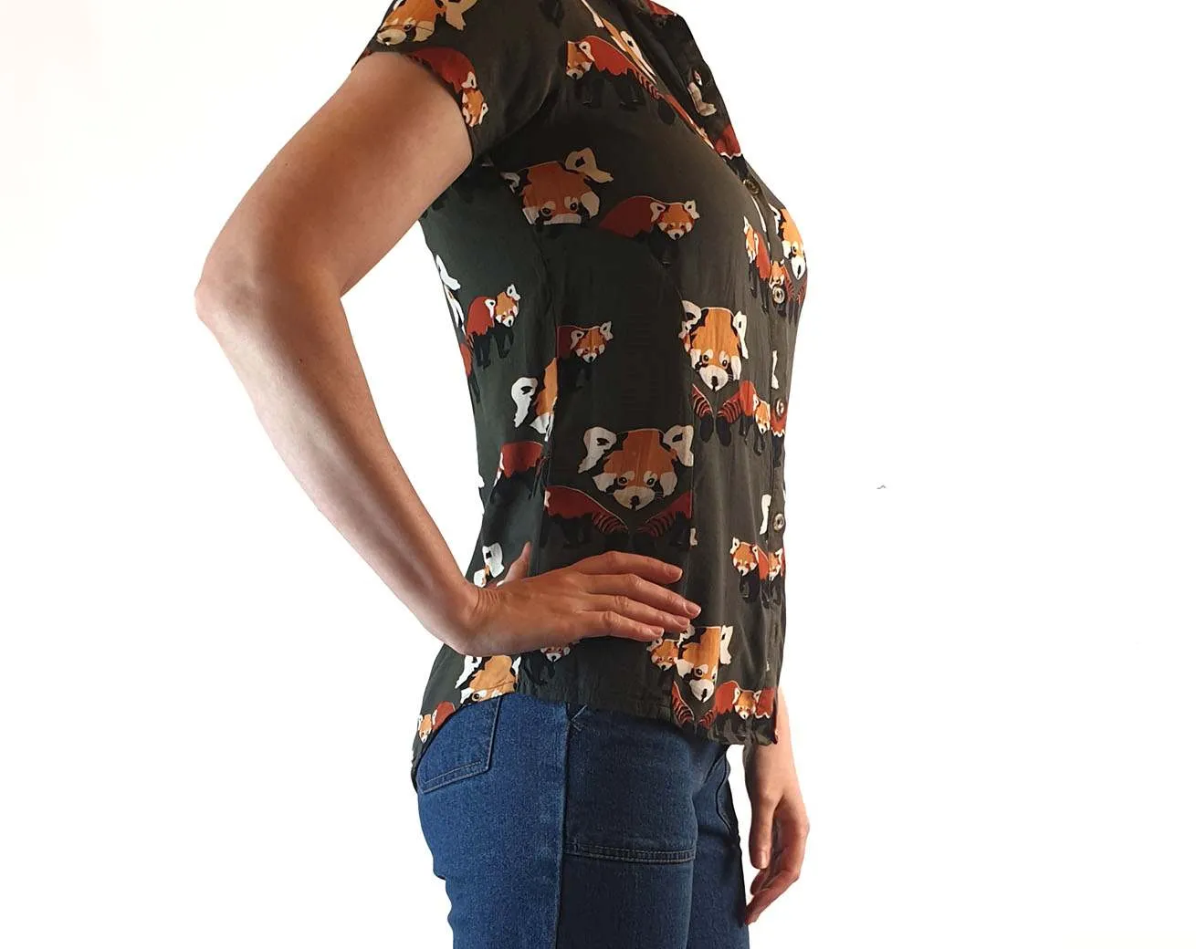 Leonard St olive green short sleeve shirt with fox print size 6