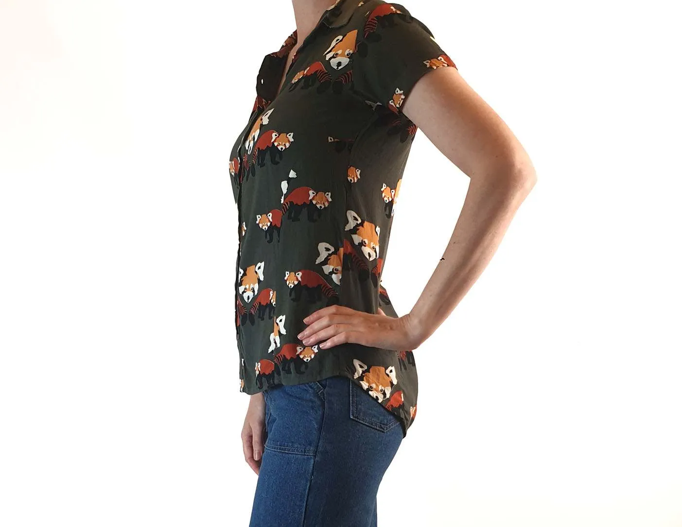Leonard St olive green short sleeve shirt with fox print size 6