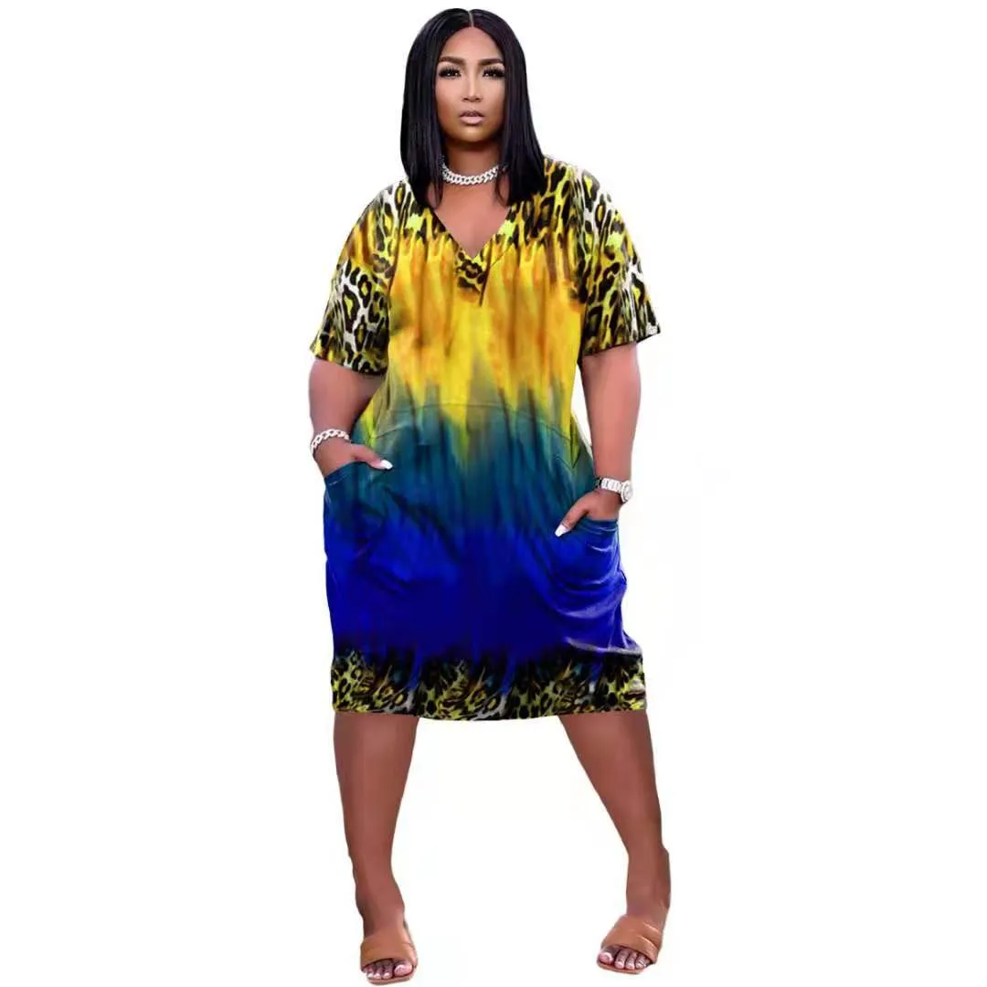 Leopard gradient loose V-neck dress 8282