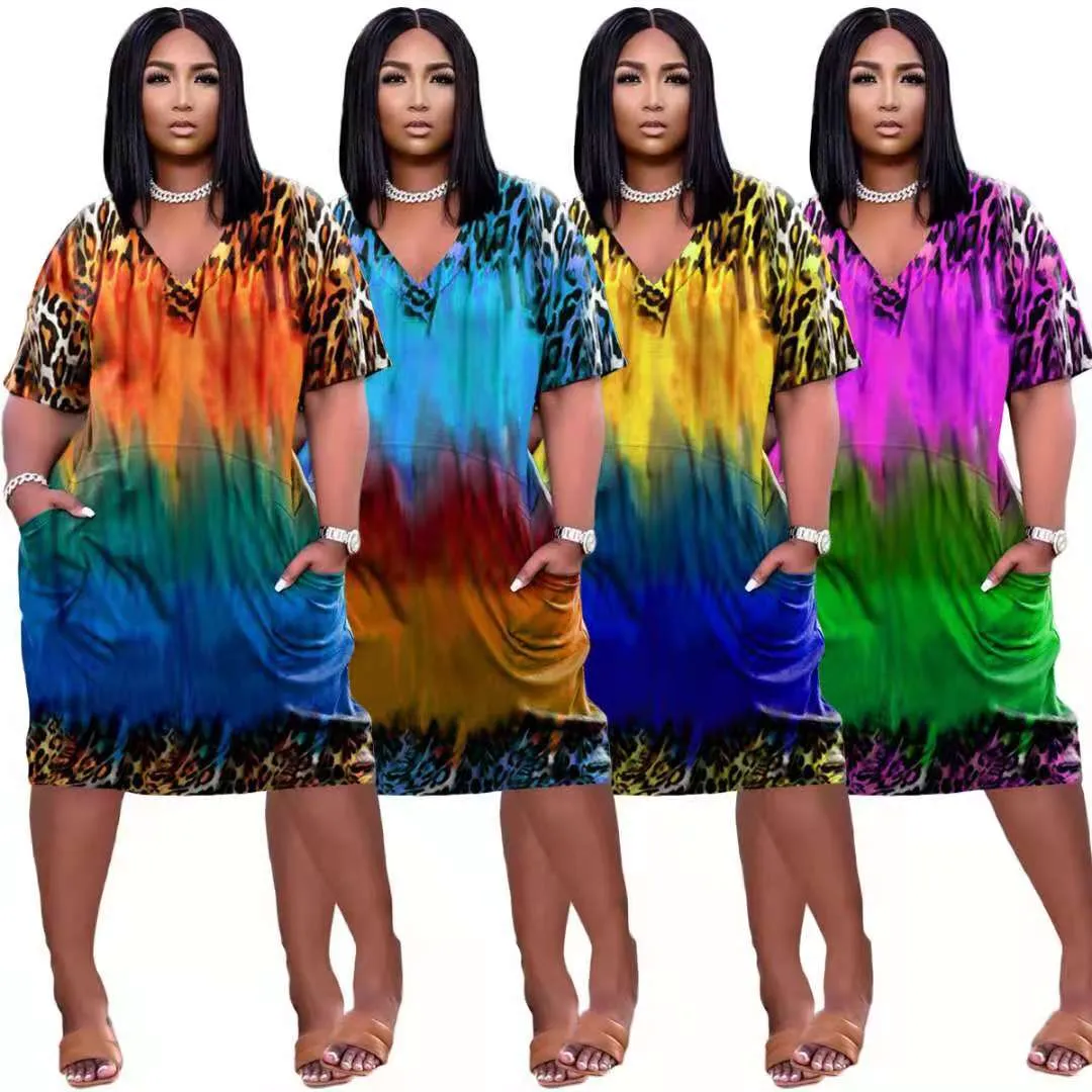 Leopard gradient loose V-neck dress 8282