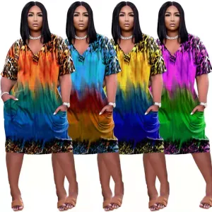 Leopard gradient loose V-neck dress 8282