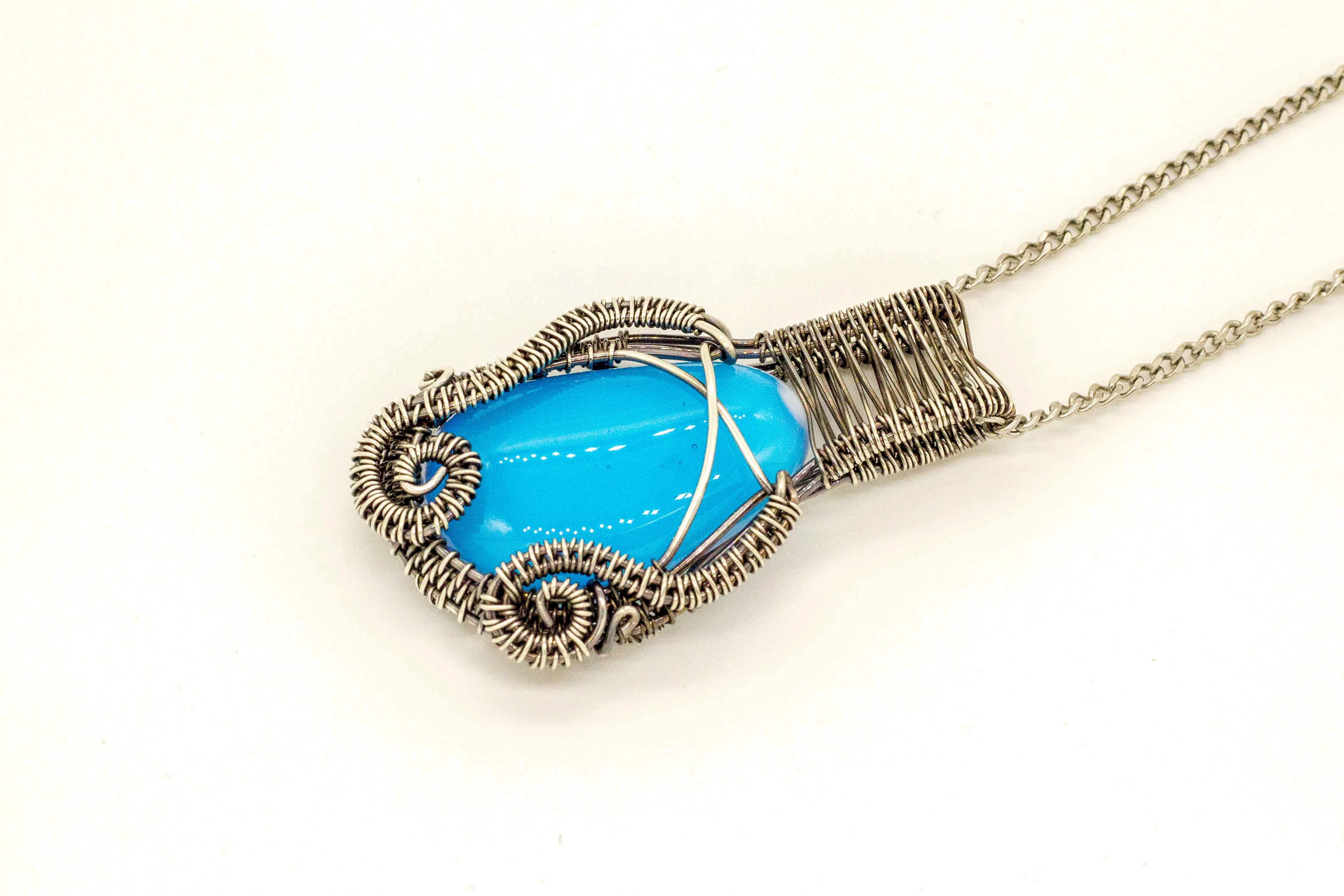 Light Blue Fused Glass Pendant with Sterling Silver Wire Wrapping