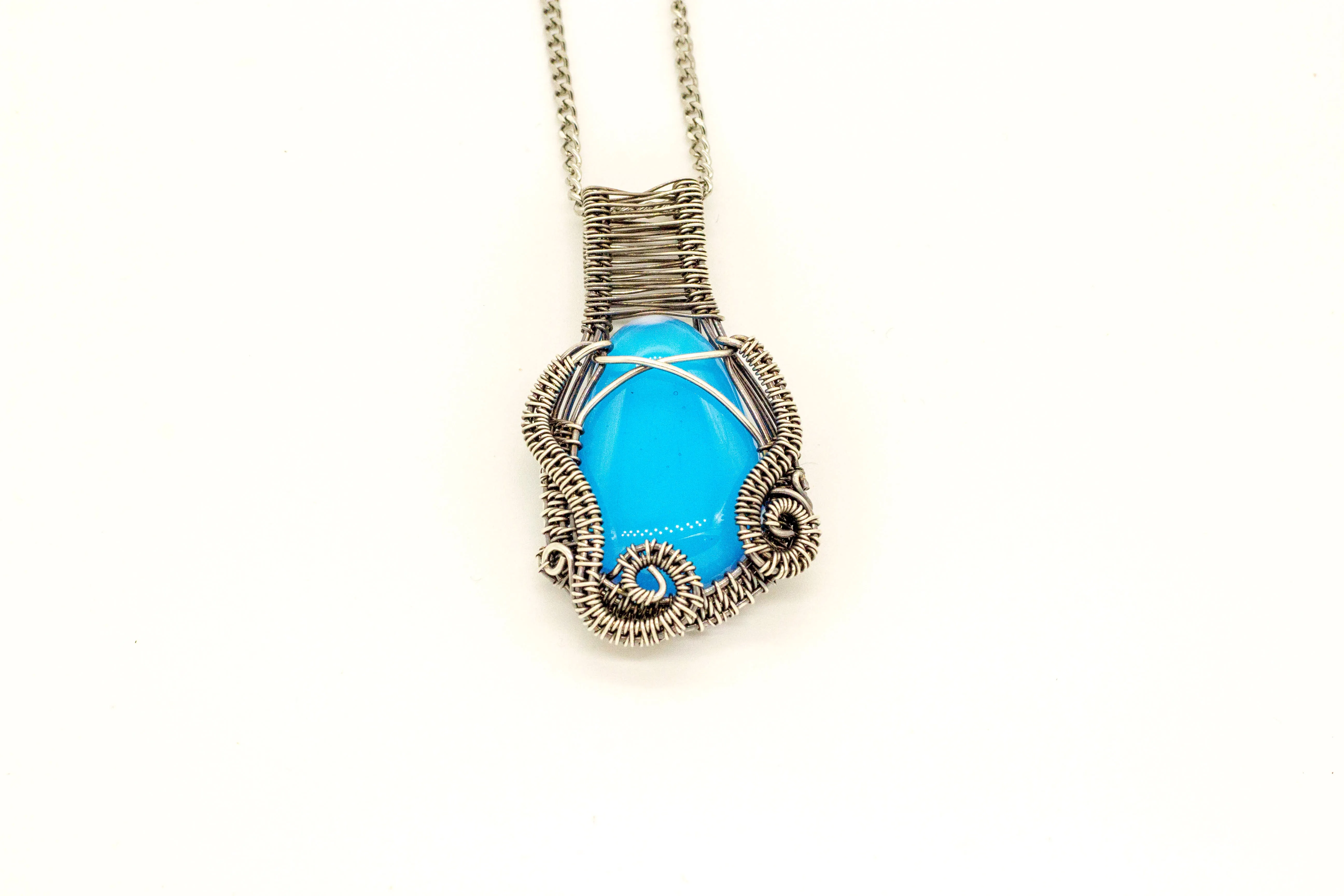 Light Blue Fused Glass Pendant with Sterling Silver Wire Wrapping