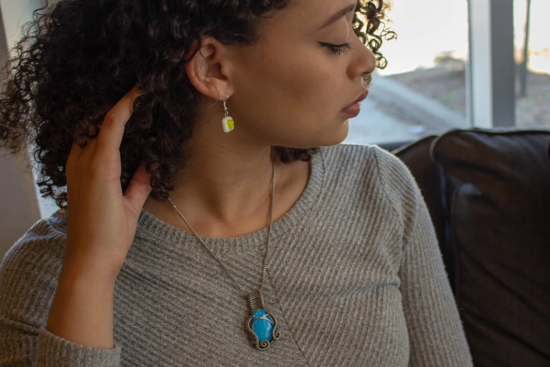 Light Blue Fused Glass Pendant with Sterling Silver Wire Wrapping