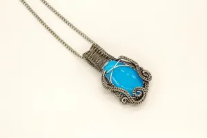Light Blue Fused Glass Pendant with Sterling Silver Wire Wrapping