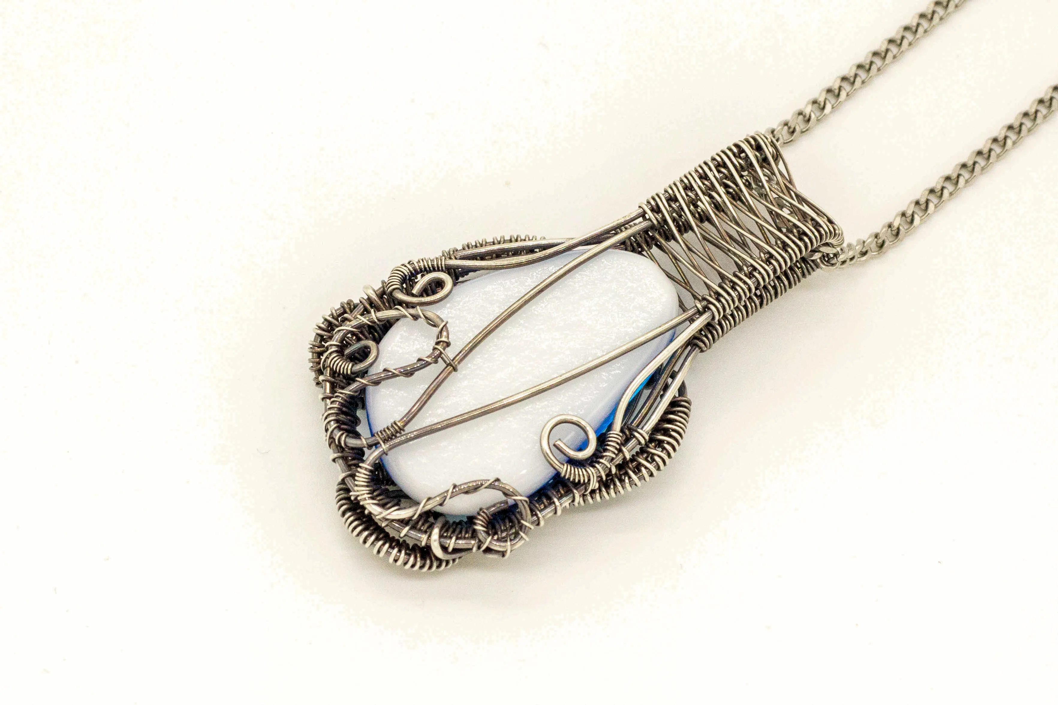 Light Blue Fused Glass Pendant with Sterling Silver Wire Wrapping