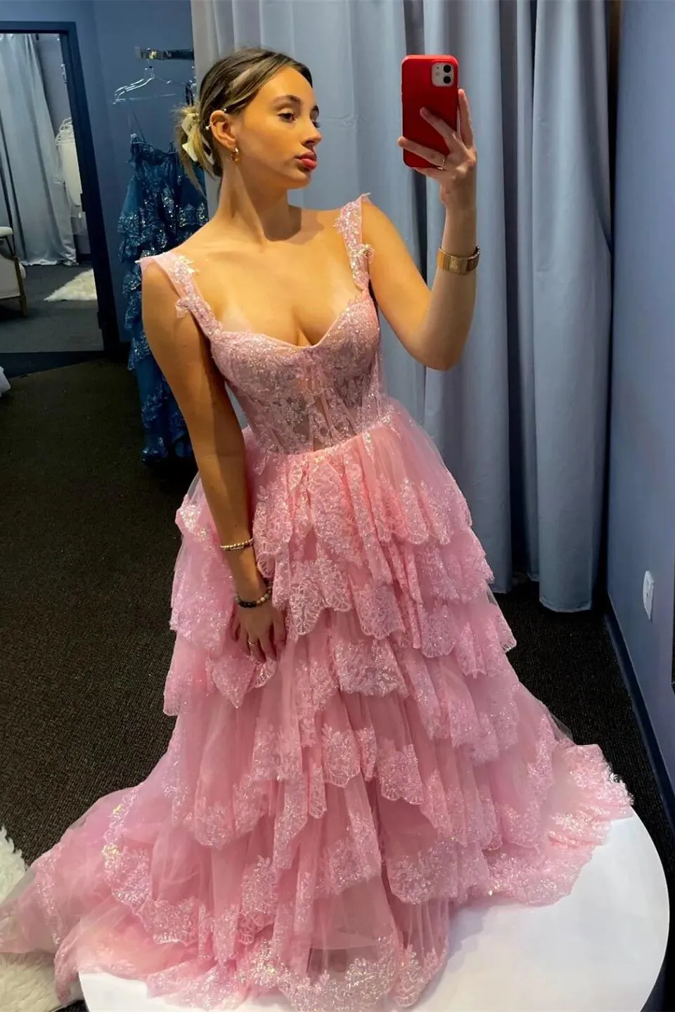 Light Blue Sequin Appliques Tiered Ruffles Prom Gown