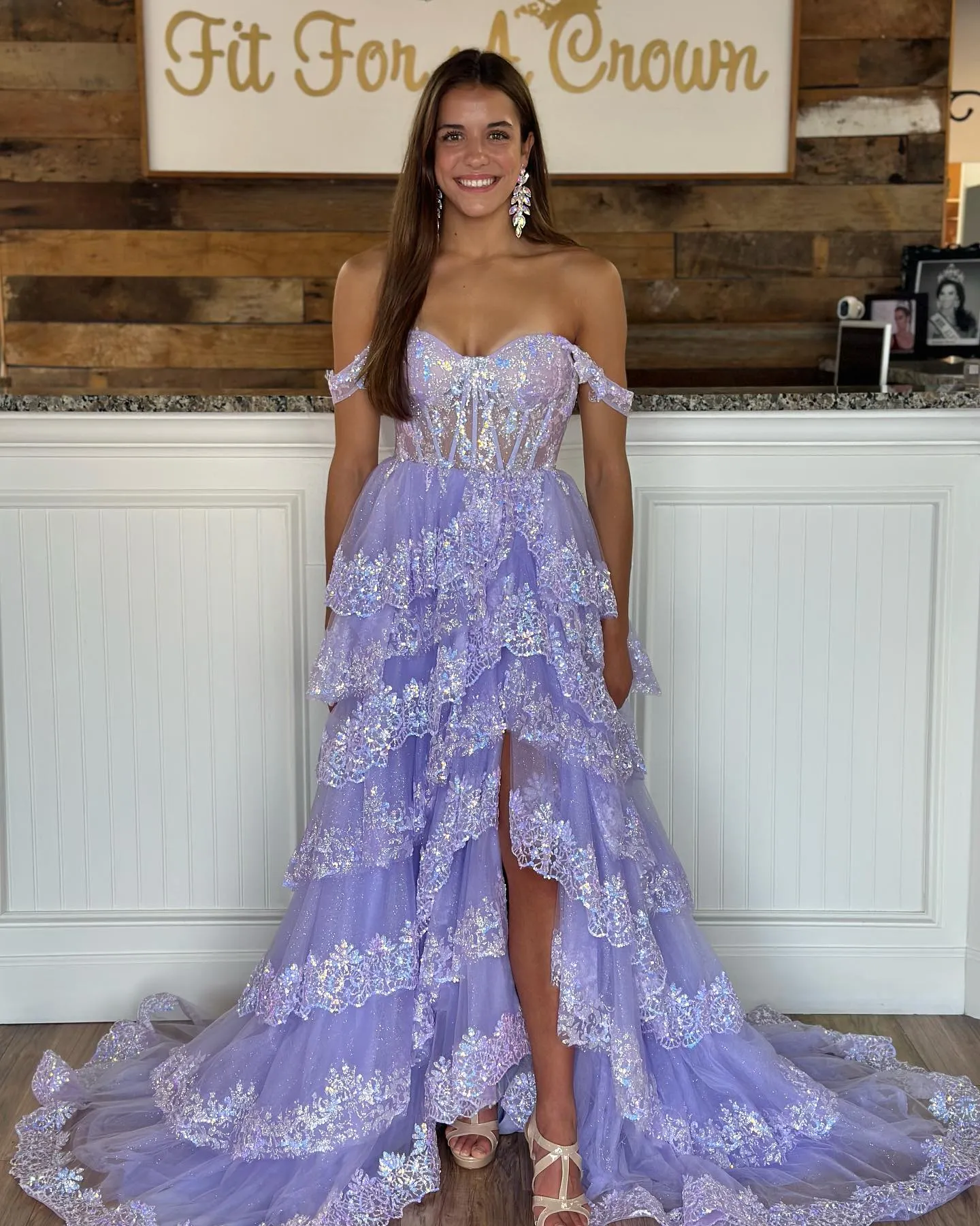 Light Blue Sequin Appliques Tiered Ruffles Prom Gown