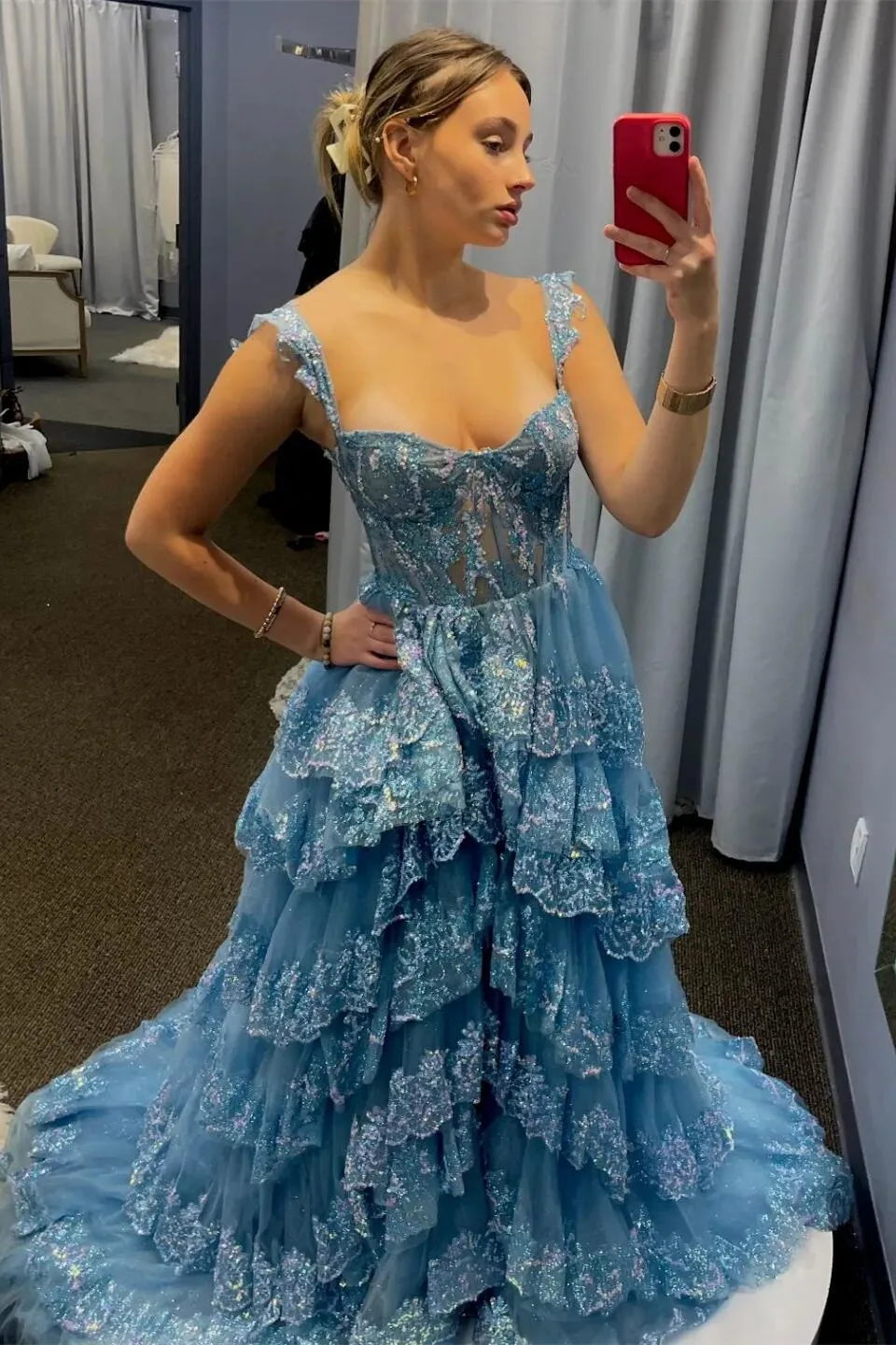 Light Blue Sequin Appliques Tiered Ruffles Prom Gown