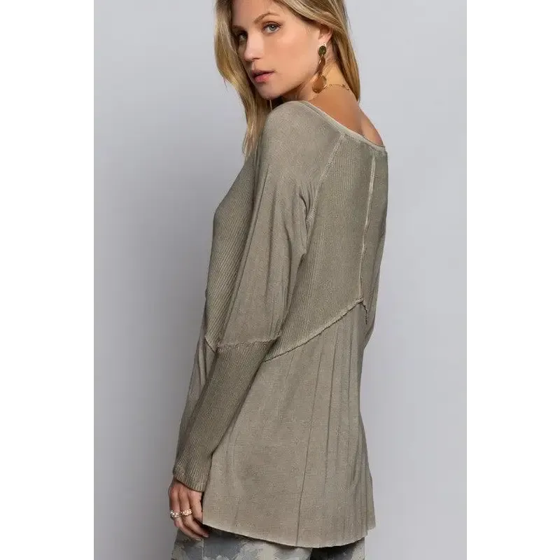 Light Wash Rib Textured Long Sleeve Top