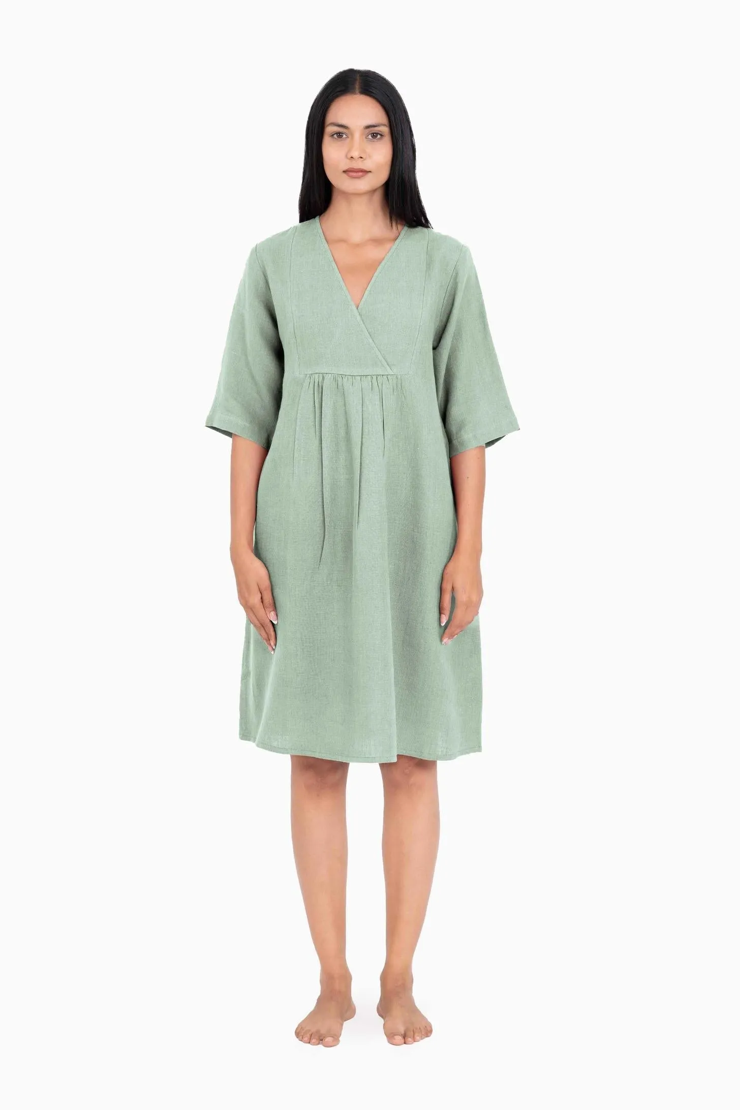 Linen Citrus Midi Dress-Midnight Green