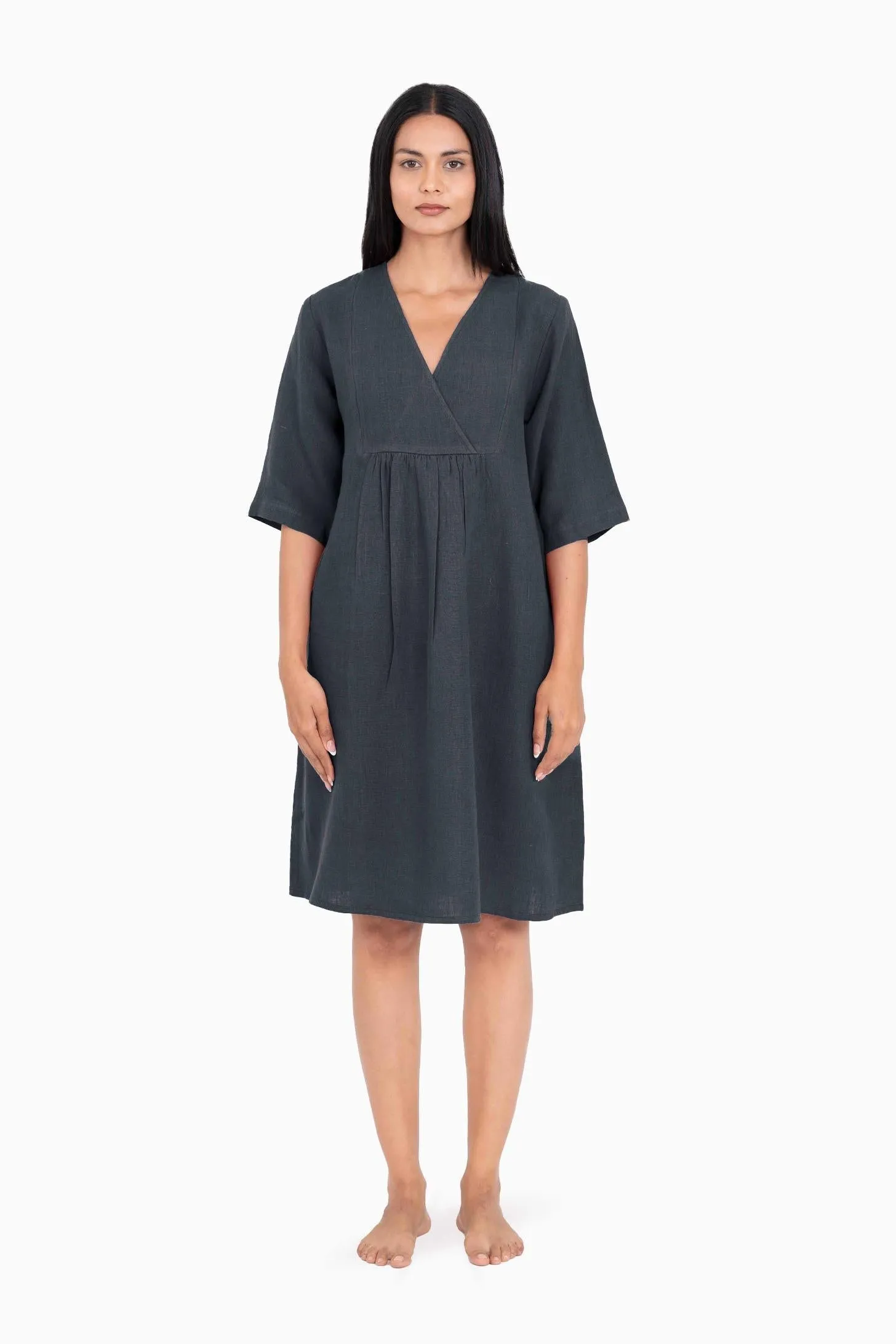 Linen Citrus Midi Dress-Midnight Green