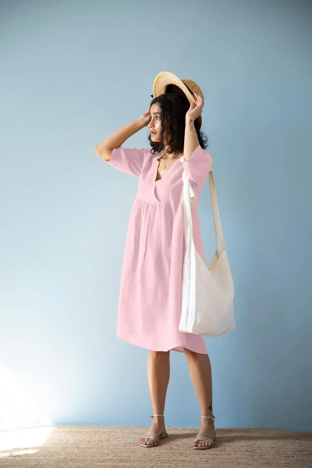 Linen Citrus Midi Dress-Pacific Blue