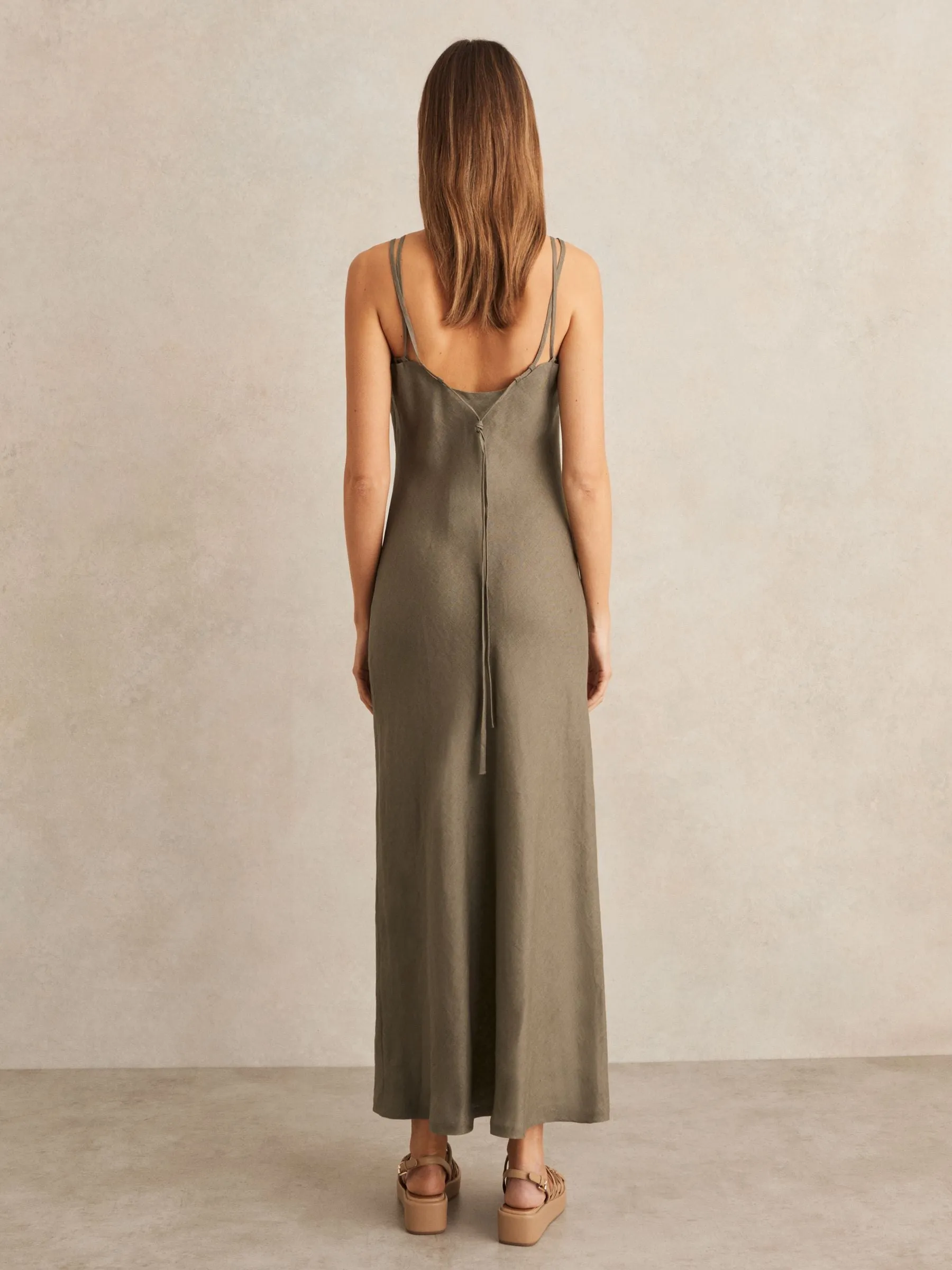 Linen Double-Strap Slip Dress in Khaki