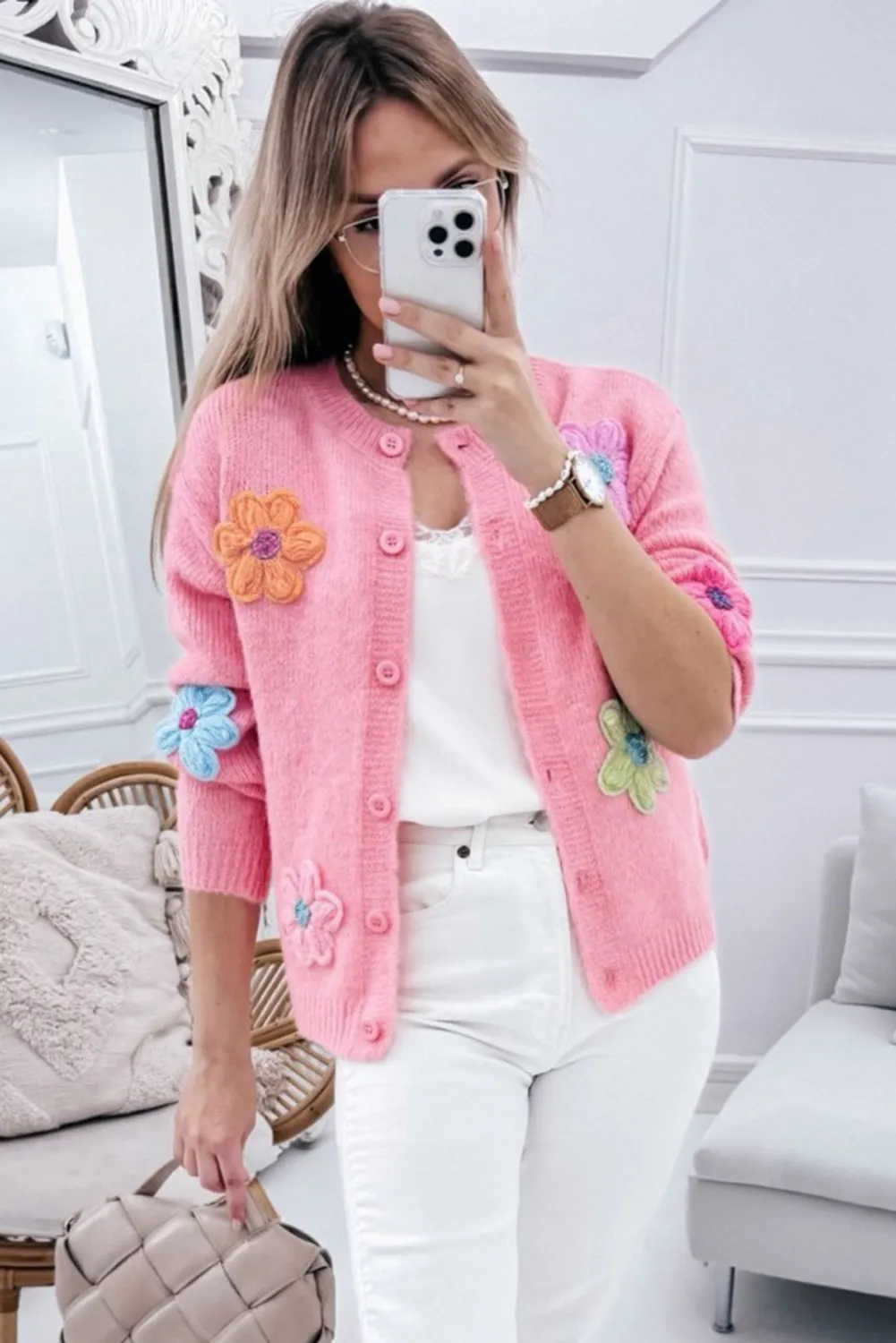 Living In A Floral Paradise Pink Cute Knitted Floral Cardigan