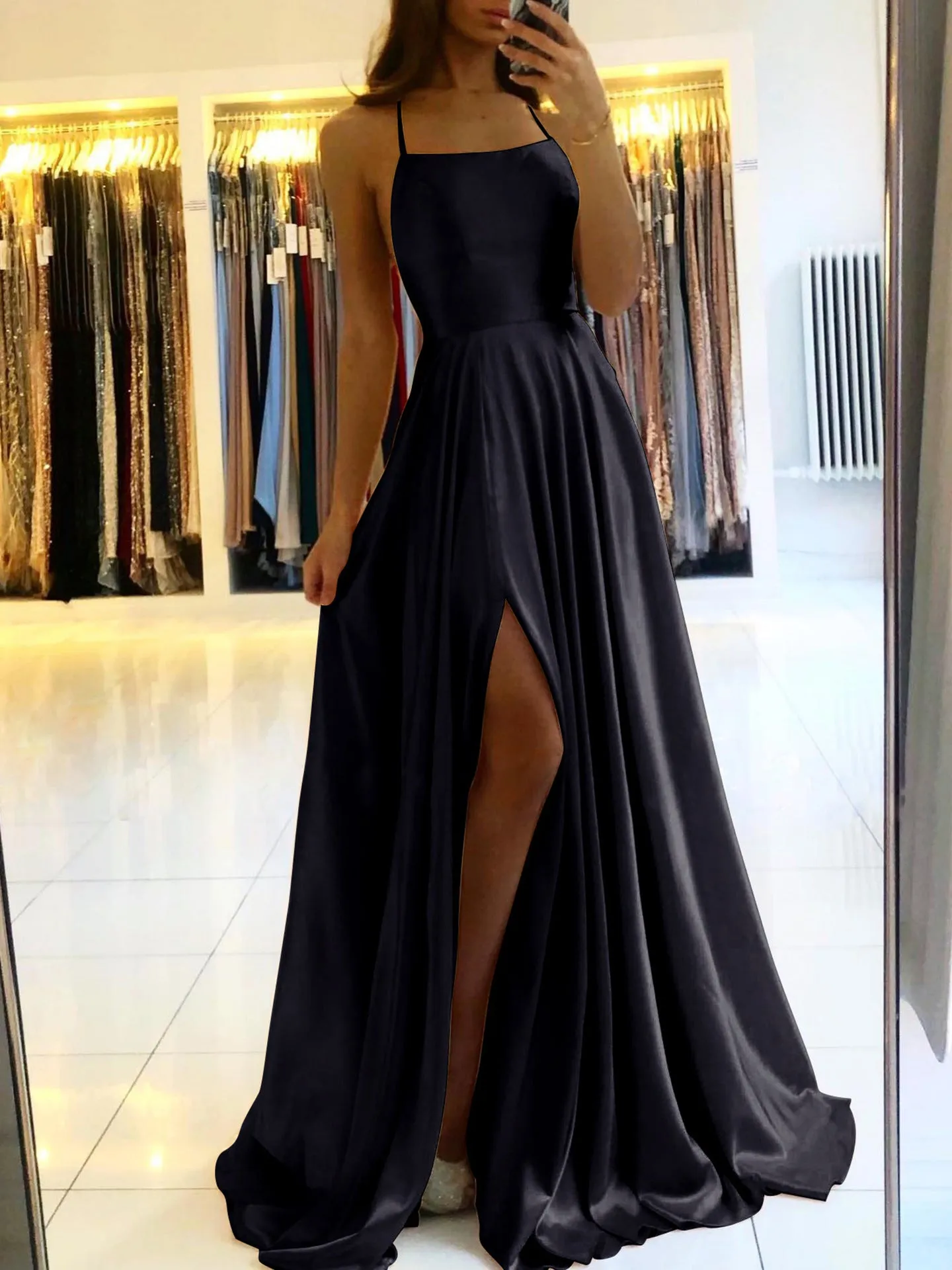 long dresses Skinny suspenders Sexy backless dresses High split dance host dresses