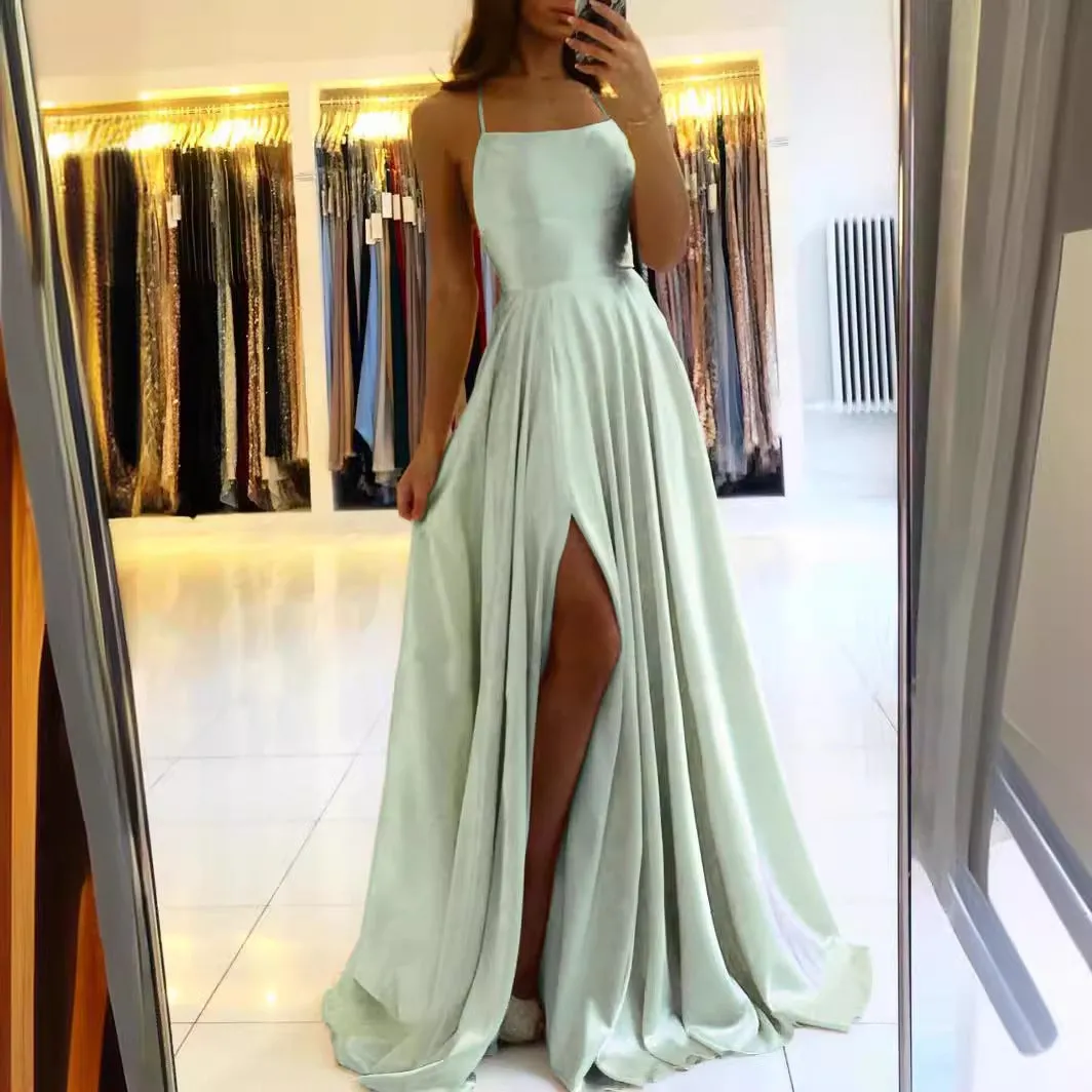 long dresses Skinny suspenders Sexy backless dresses High split dance host dresses