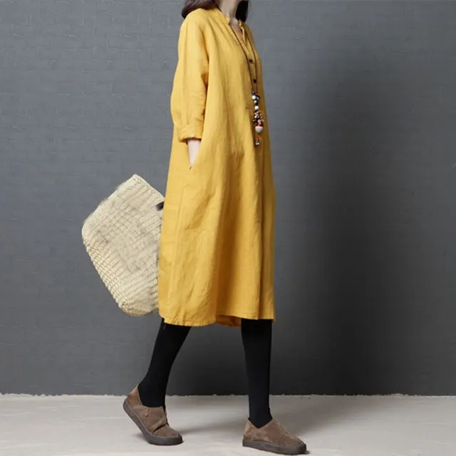 Long Sleeve Refreshing Solid Women Artsy Casual Dresses