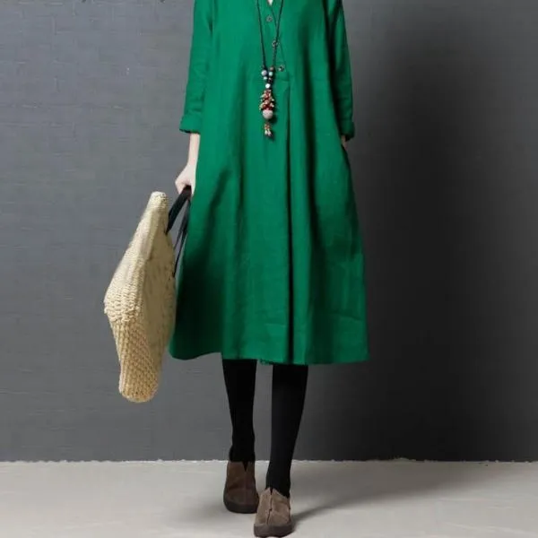 Long Sleeve Refreshing Solid Women Artsy Casual Dresses
