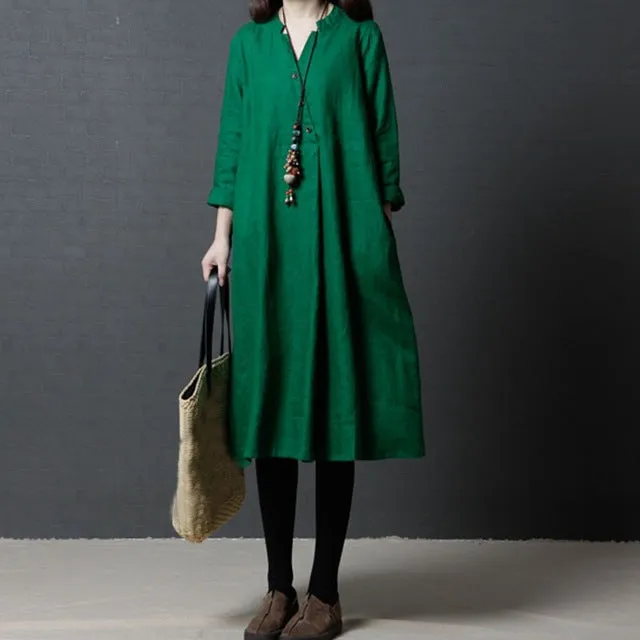 Long Sleeve Refreshing Solid Women Artsy Casual Dresses