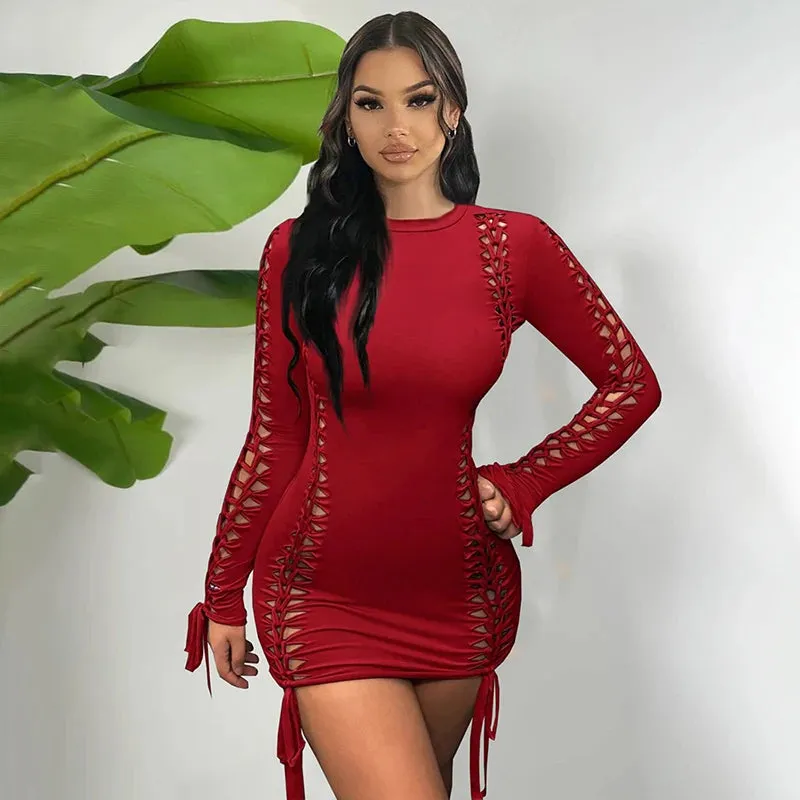 Long Sleeve Solid Weave Hole Sexy Ribbon Dress