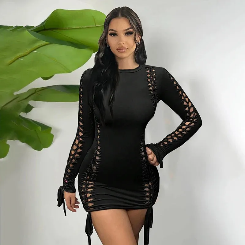 Long Sleeve Solid Weave Hole Sexy Ribbon Dress