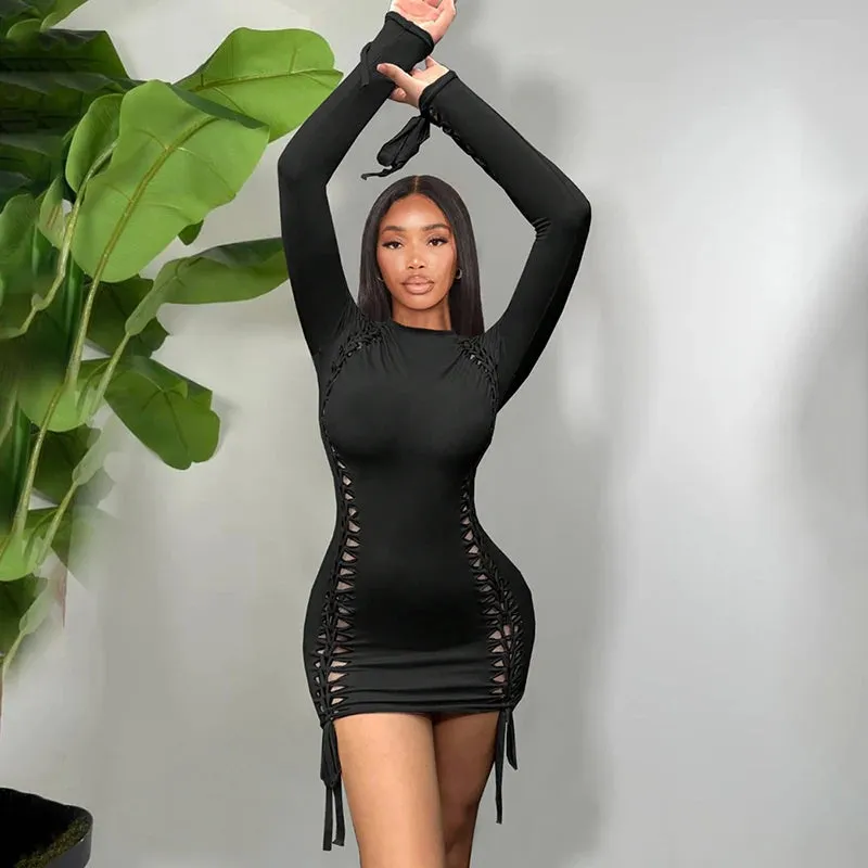 Long Sleeve Solid Weave Hole Sexy Ribbon Dress