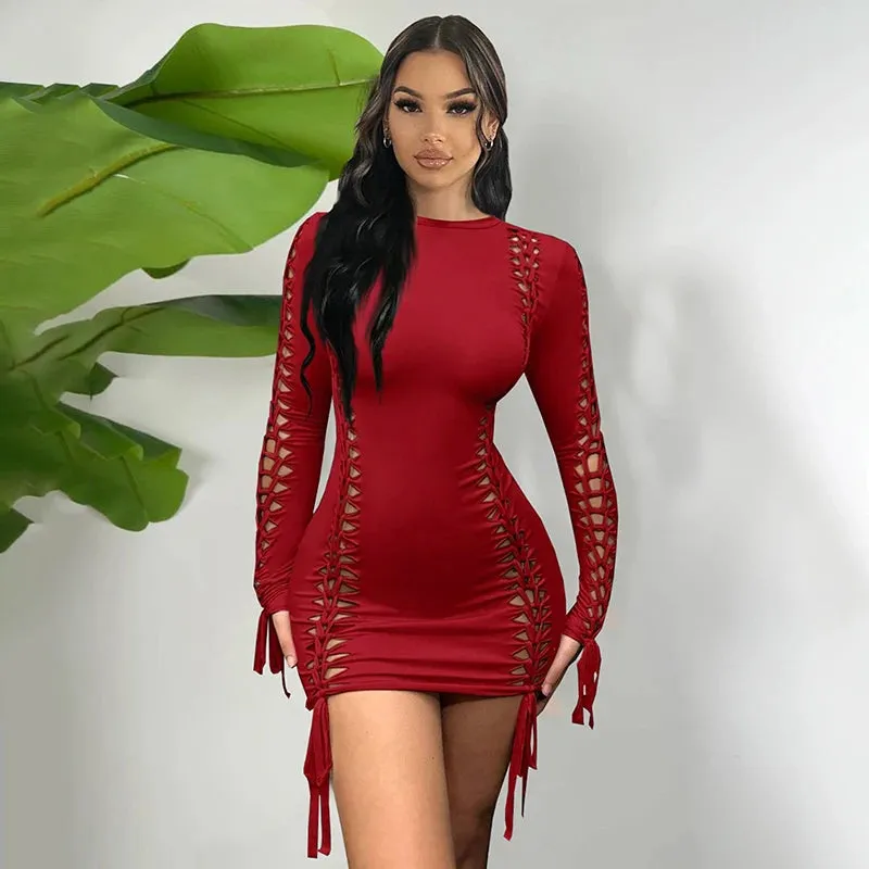 Long Sleeve Solid Weave Hole Sexy Ribbon Dress