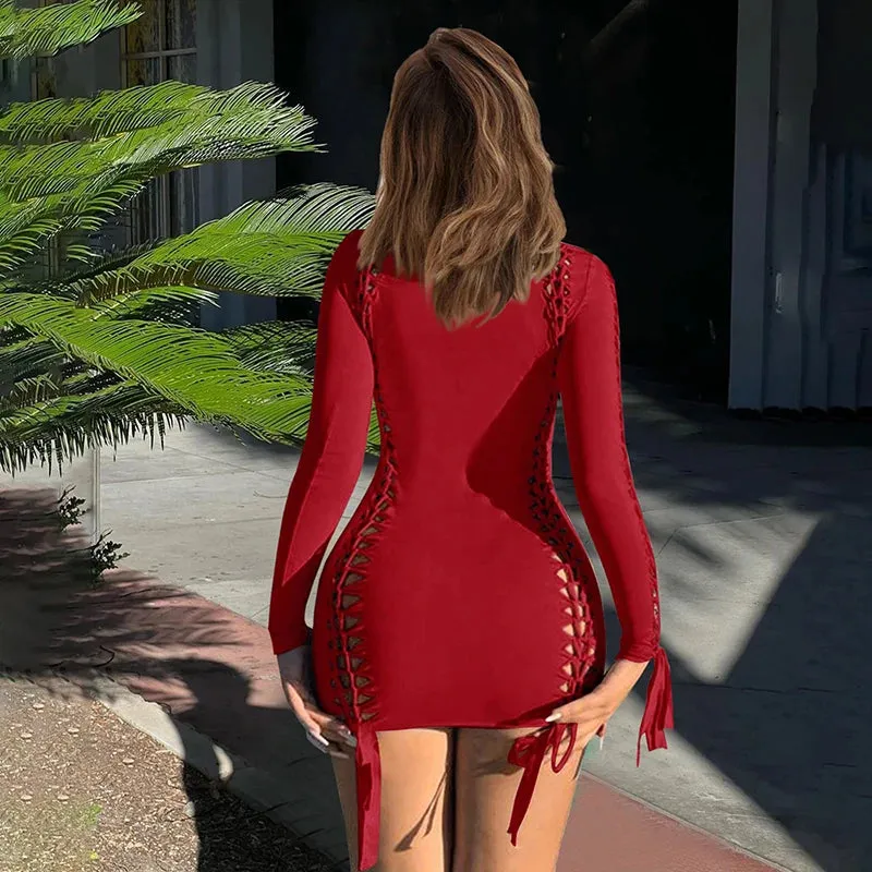 Long Sleeve Solid Weave Hole Sexy Ribbon Dress