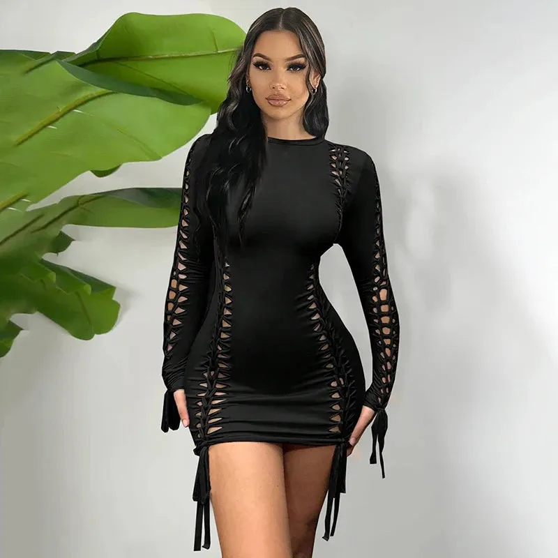 Long Sleeve Solid Weave Hole Sexy Ribbon Dress