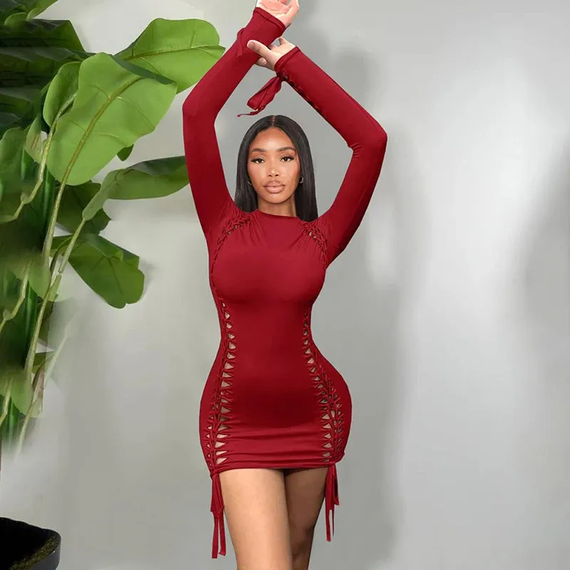 Long Sleeve Solid Weave Hole Sexy Ribbon Dress