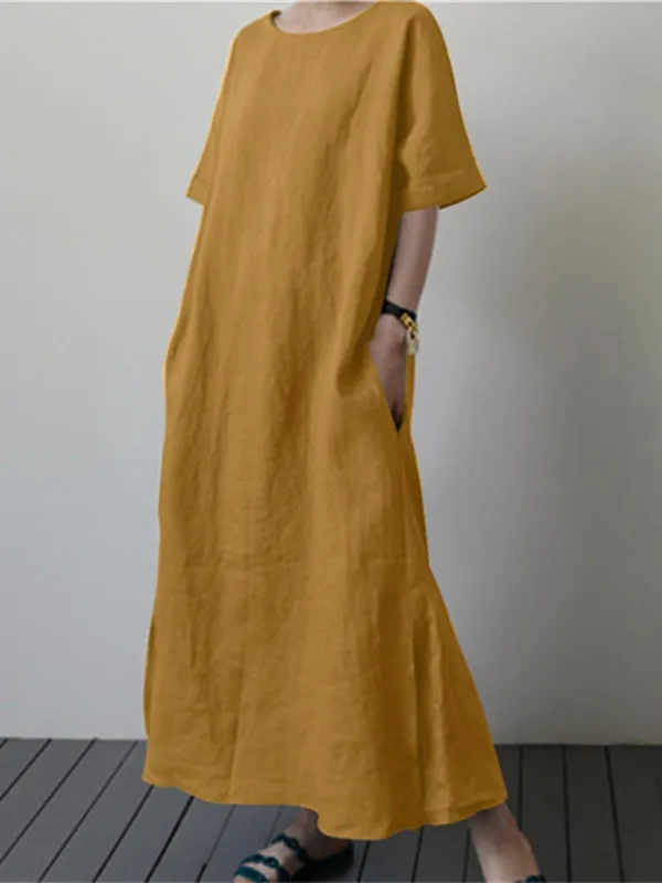 Loose Fit Cotton Linen Dress with Belt and Side Slit