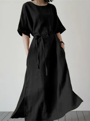 Loose Fit Cotton Linen Dress with Belt and Side Slit