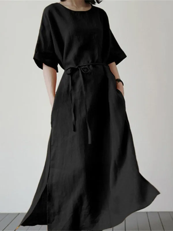 Loose Fit Cotton Linen Dress with Belt and Side Slit