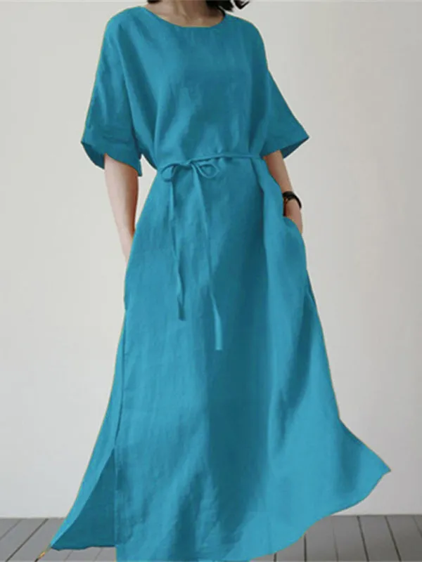 Loose Fit Cotton Linen Dress with Belt and Side Slit