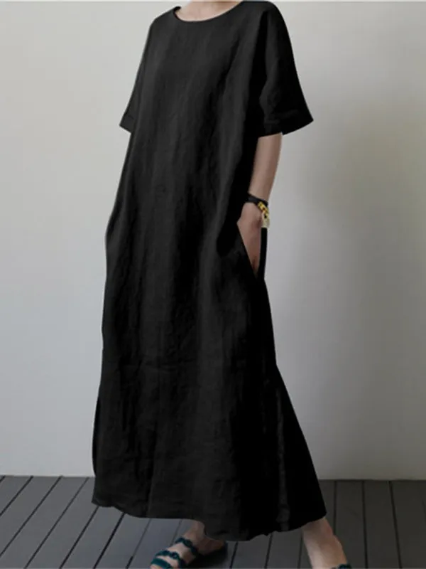 Loose Fit Cotton Linen Dress with Belt and Side Slit