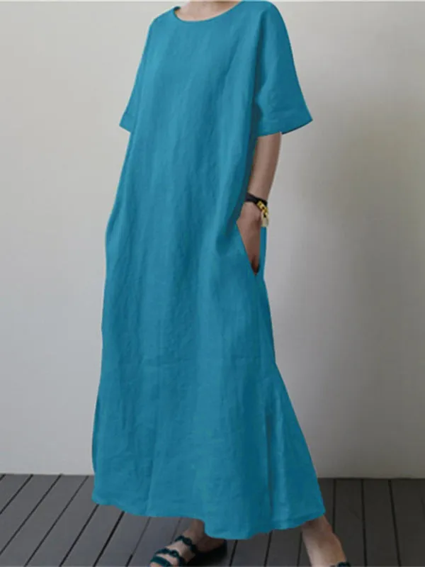 Loose Fit Cotton Linen Dress with Belt and Side Slit