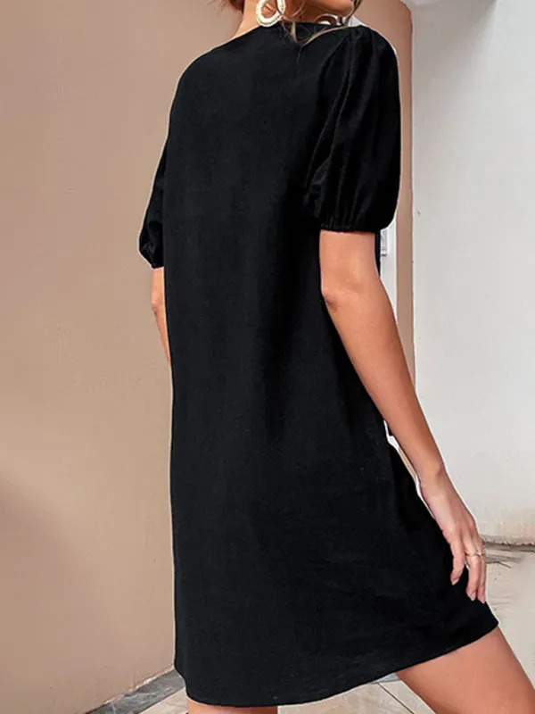 Loose Fit Dress with Puff Sleeves and V-Neck Tie Detail