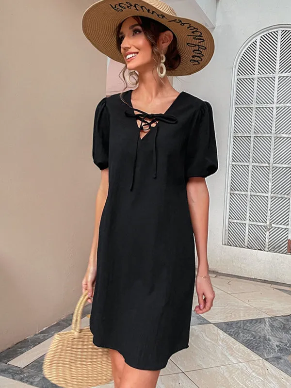 Loose Fit Dress with Puff Sleeves and V-Neck Tie Detail