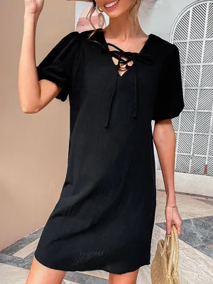 Loose Fit Dress with Puff Sleeves and V-Neck Tie Detail