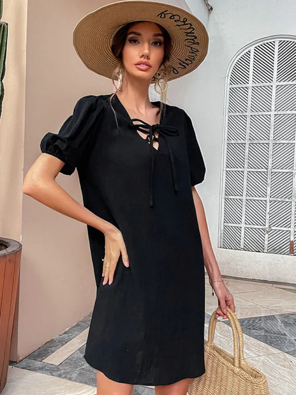 Loose Fit Dress with Puff Sleeves and V-Neck Tie Detail