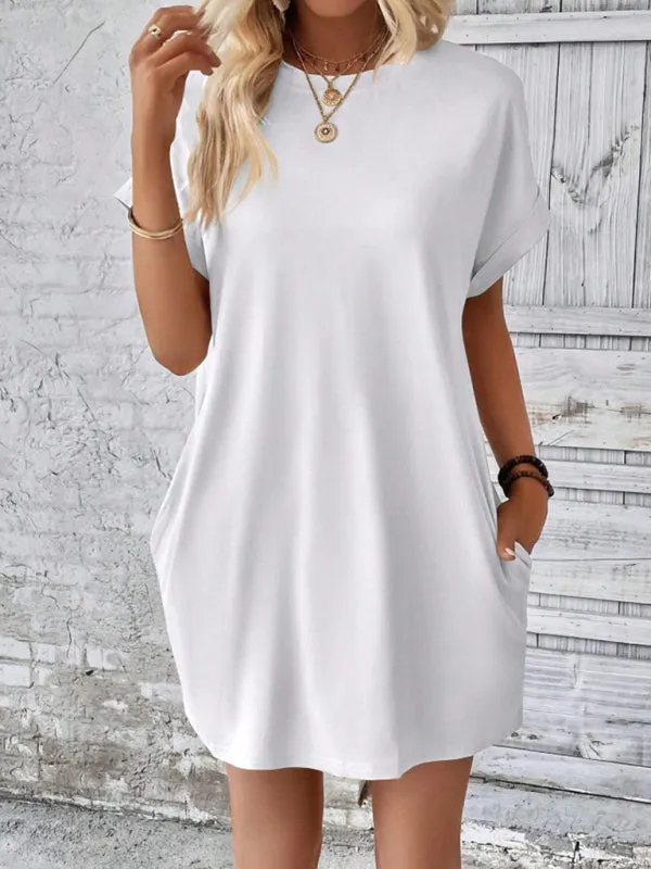 Loose Fit Pocket Dress with Round Neck and Short Sleeves