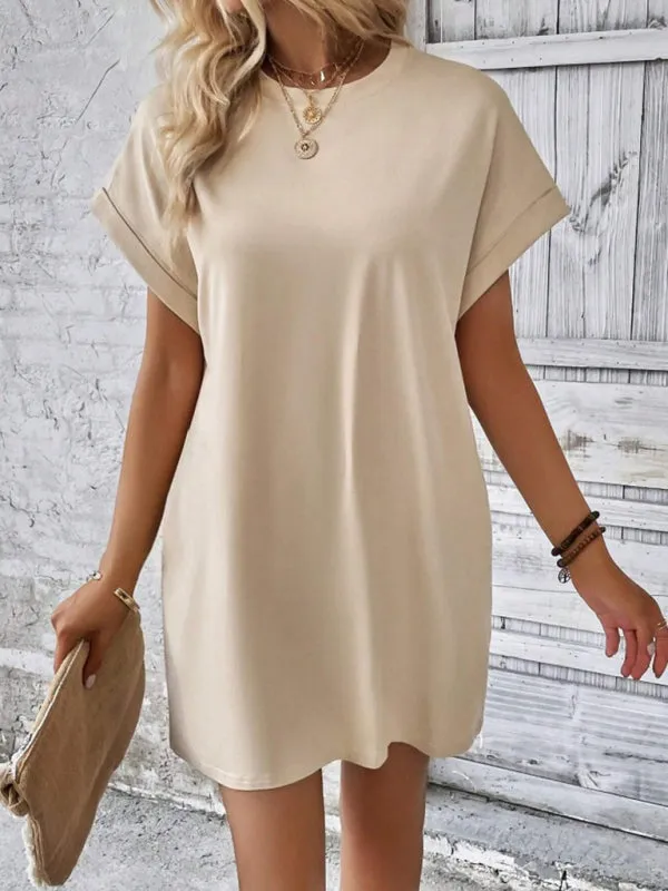 Loose Fit Pocket Dress with Round Neck and Short Sleeves